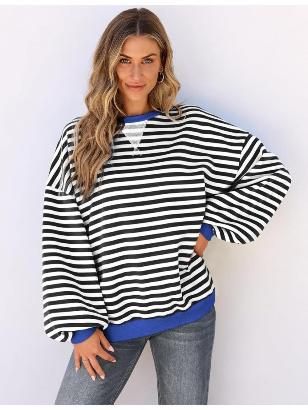 Women's Black Stripe Long Sleeve Pullover Oversized Crewneck Casual Sweaters - Picture 2 of 5
